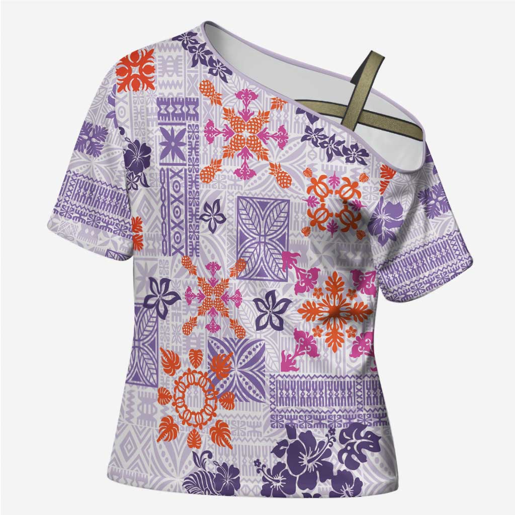 Hawaii Tapa Tribal Cross Shoulder Shirt With Hawaiian Quilt Pattern Violet - Polynesian Pride