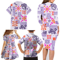 Hawaii Tapa Tribal Family Matching Long Sleeve Bodycon Dress and Hawaiian Shirt With Hawaiian Quilt Pattern Violet LT9 - Polynesian Pride