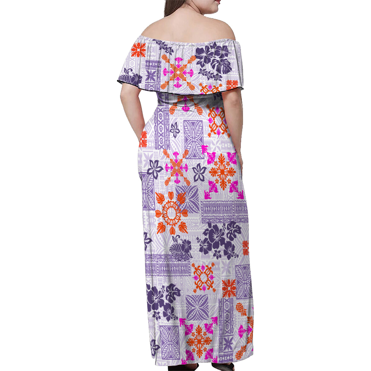 Hawaii Tapa Tribal Family Matching Off Shoulder Maxi Dress and Hawaiian Shirt With Hawaiian Quilt Pattern Violet LT9 - Polynesian Pride