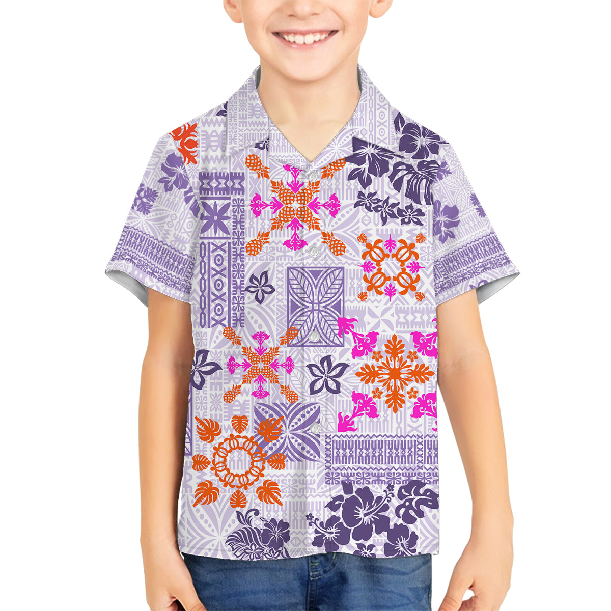 Hawaii Tapa Tribal Family Matching Summer Maxi Dress and Hawaiian Shirt With Hawaiian Quilt Pattern Violet LT9 Son's Shirt Violet - Polynesian Pride