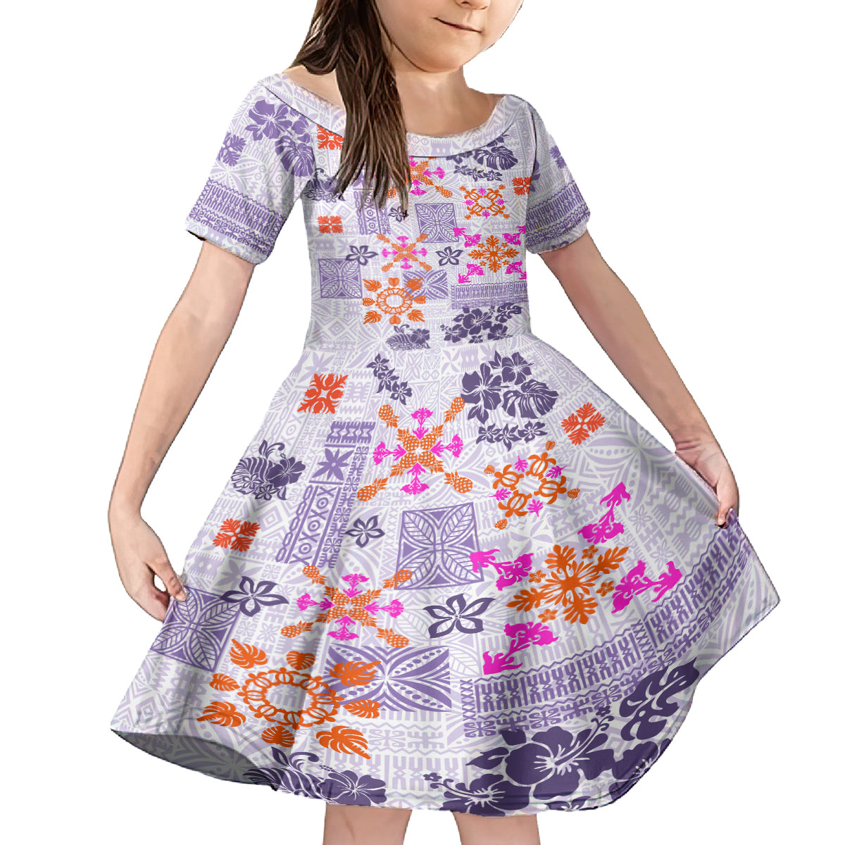 Hawaii Tapa Tribal Kid Short Sleeve Dress With Hawaiian Quilt Pattern Violet LT9 KID Violet - Polynesian Pride