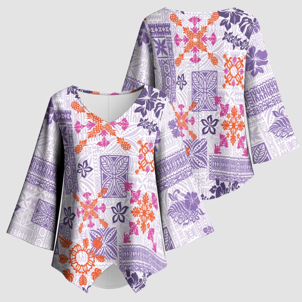 Hawaii Tapa Tribal Kimono Sleeve Blouse With Hawaiian Quilt Pattern Violet - Polynesian Pride