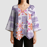 Hawaii Tapa Tribal Kimono Sleeve Blouse With Hawaiian Quilt Pattern Violet - Polynesian Pride