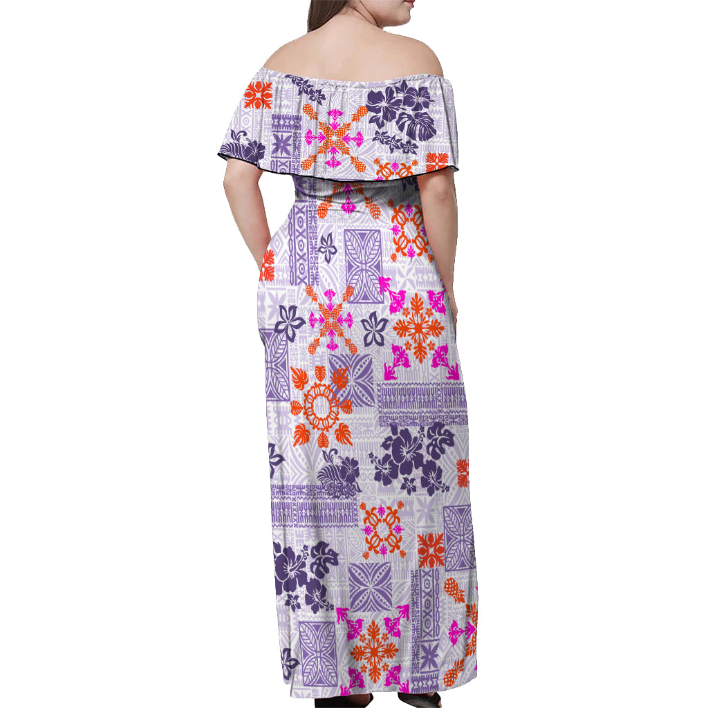 Hawaii Tapa Tribal Off Shoulder Maxi Dress With Hawaiian Quilt Pattern Violet LT9 - Polynesian Pride