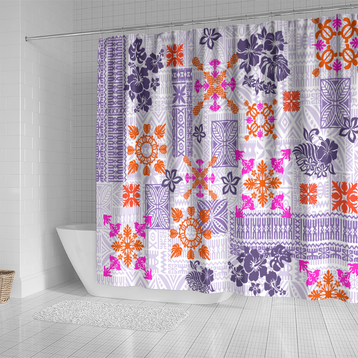 Hawaii Tapa Tribal Shower Curtain With Hawaiian Quilt Pattern Violet LT9 - Polynesian Pride