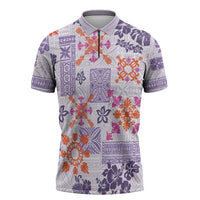 Hawaii Tapa Tribal Zipper Polo Shirt With Hawaiian Quilt Pattern Violet - Polynesian Pride
