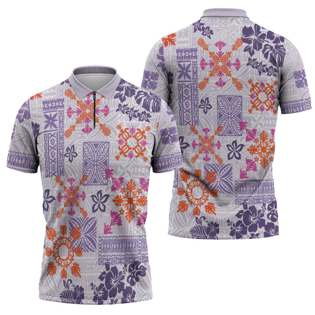 Hawaii Tapa Tribal Zipper Polo Shirt With Hawaiian Quilt Pattern Violet - Polynesian Pride