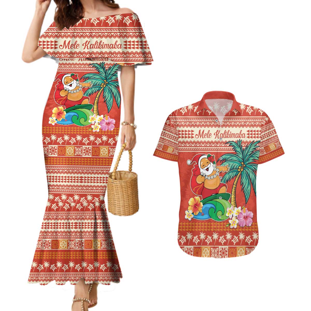 Hawaii Mele Kalikimaka Couples Matching Mermaid Dress and Hawaiian Shirt Surfing Santa Funny Christmas LT9 Red - Polynesian Pride