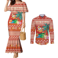 Hawaii Mele Kalikimaka Couples Matching Mermaid Dress and Long Sleeve Button Shirt Surfing Santa Funny Christmas