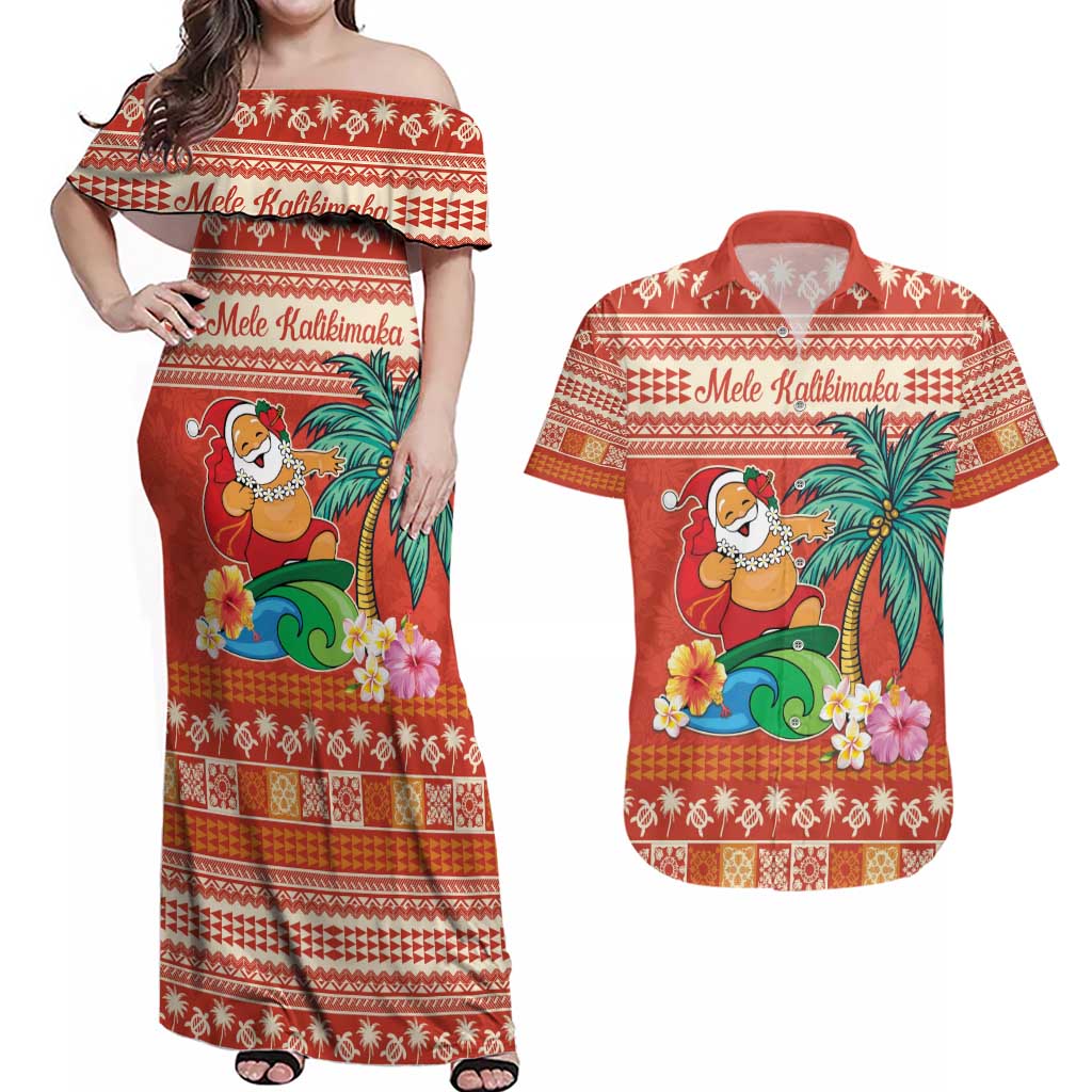 Hawaii Mele Kalikimaka Couples Matching Off Shoulder Maxi Dress and Hawaiian Shirt Surfing Santa Funny Christmas