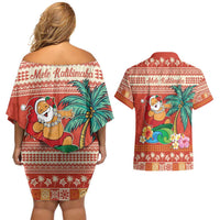 Hawaii Mele Kalikimaka Couples Matching Off Shoulder Short Dress and Hawaiian Shirt Surfing Santa Funny Christmas LT9 - Polynesian Pride