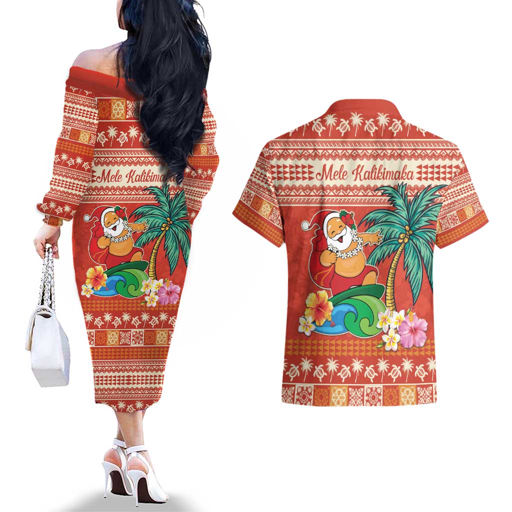 Hawaii Mele Kalikimaka Couples Matching Off The Shoulder Long Sleeve Dress and Hawaiian Shirt Surfing Santa Funny Christmas