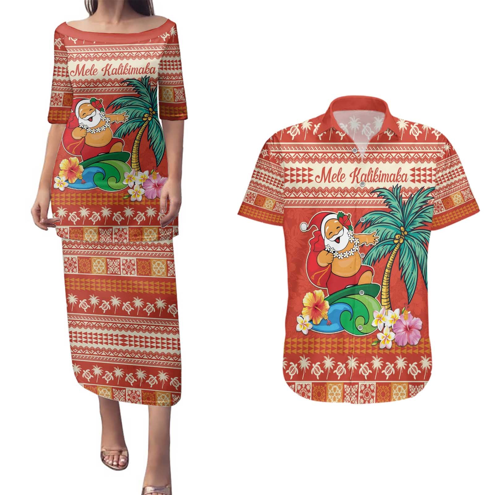 Hawaii Mele Kalikimaka Couples Matching Puletasi and Hawaiian Shirt Surfing Santa Funny Christmas