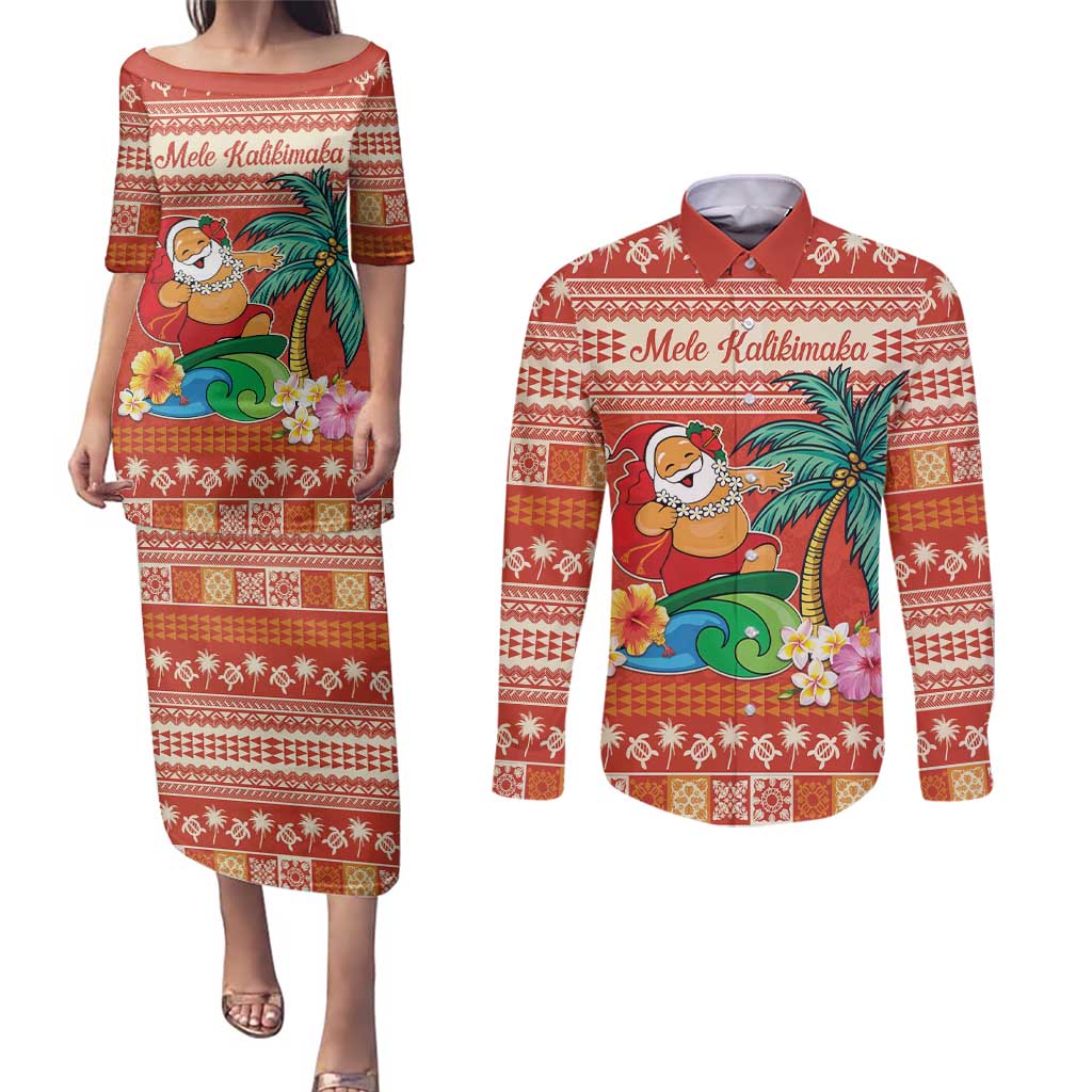 Hawaii Mele Kalikimaka Couples Matching Puletasi and Long Sleeve Button Shirt Surfing Santa Funny Christmas