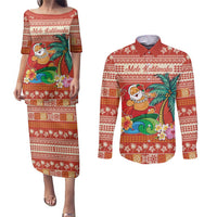 Hawaii Mele Kalikimaka Couples Matching Puletasi and Long Sleeve Button Shirt Surfing Santa Funny Christmas