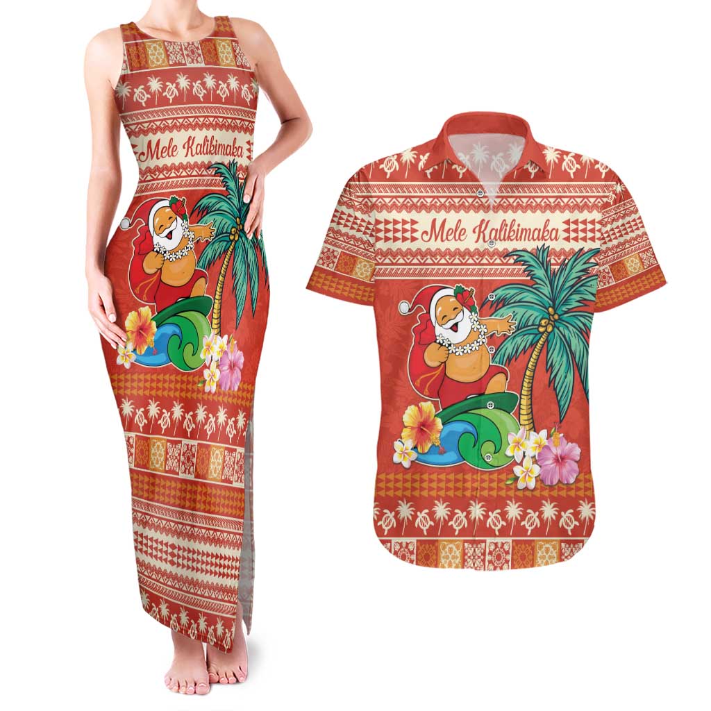 Hawaii Mele Kalikimaka Couples Matching Tank Maxi Dress and Hawaiian Shirt Surfing Santa Funny Christmas