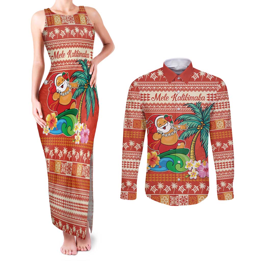 Hawaii Mele Kalikimaka Couples Matching Tank Maxi Dress and Long Sleeve Button Shirt Surfing Santa Funny Christmas