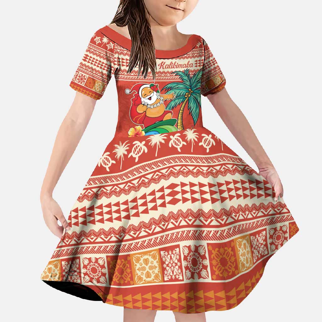 Hawaii Mele Kalikimaka Family Matching Long Sleeve Bodycon Dress and Hawaiian Shirt Surfing Santa Funny Christmas LT9 Daughter's Dress Red - Polynesian Pride