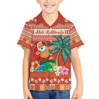 Hawaii Mele Kalikimaka Family Matching Off The Shoulder Long Sleeve Dress and Hawaiian Shirt Surfing Santa Funny Christmas