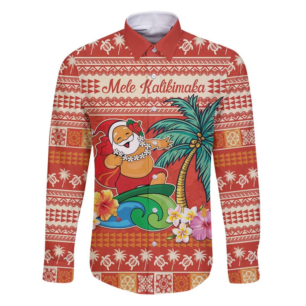 Hawaii Mele Kalikimaka Family Matching Puletasi and Hawaiian Shirt Surfing Santa Funny Christmas LT9 Dad's Shirt - Long Sleeve Red - Polynesian Pride