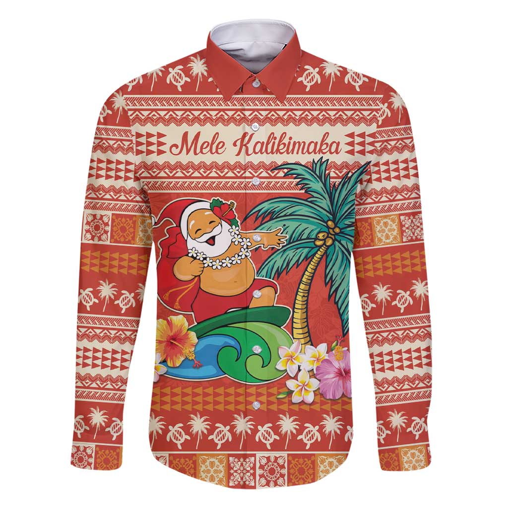 Hawaii Mele Kalikimaka Family Matching Short Sleeve Bodycon Dress and Hawaiian Shirt Surfing Santa Funny Christmas LT9 Dad's Shirt - Long Sleeve Red - Polynesian Pride