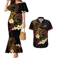Personalised Papua New Guinea Sepik Couples Matching Mermaid Dress and Hawaiian Shirt Plumeria Floral Tribal Pattern LT9 Black - Polynesian Pride