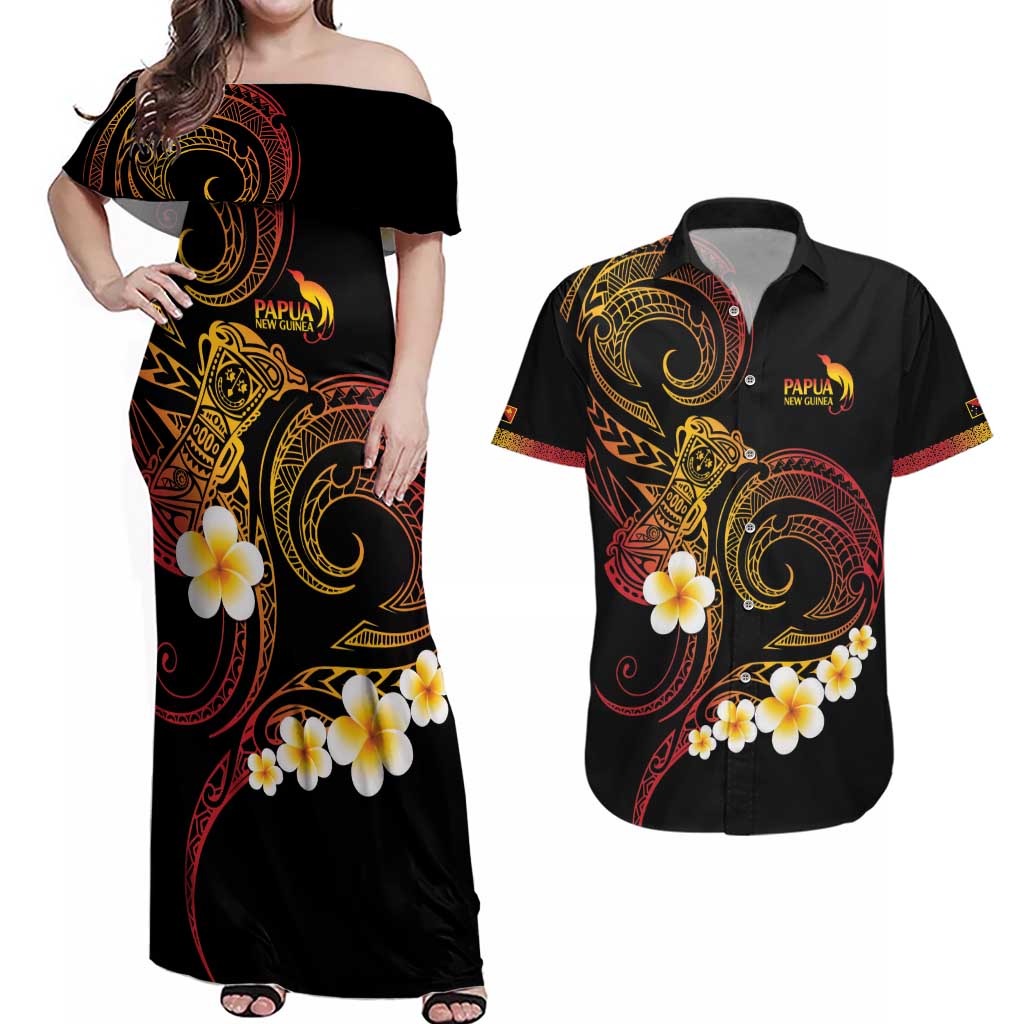 Personalised Papua New Guinea Sepik Couples Matching Off Shoulder Maxi Dress and Hawaiian Shirt Plumeria Floral Tribal Pattern LT9 Black - Polynesian Pride