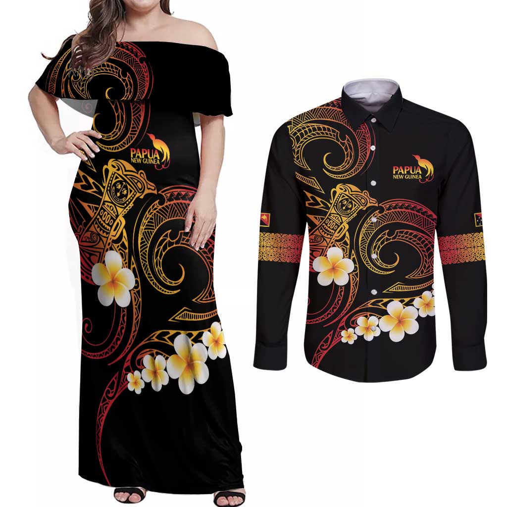 Personalised Papua New Guinea Sepik Couples Matching Off Shoulder Maxi Dress and Long Sleeve Button Shirt Plumeria Floral Tribal Pattern - Polynesian Pride