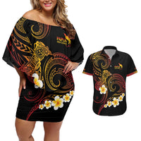 Personalised Papua New Guinea Sepik Couples Matching Off Shoulder Short Dress and Hawaiian Shirt Plumeria Floral Tribal Pattern LT9 Black - Polynesian Pride