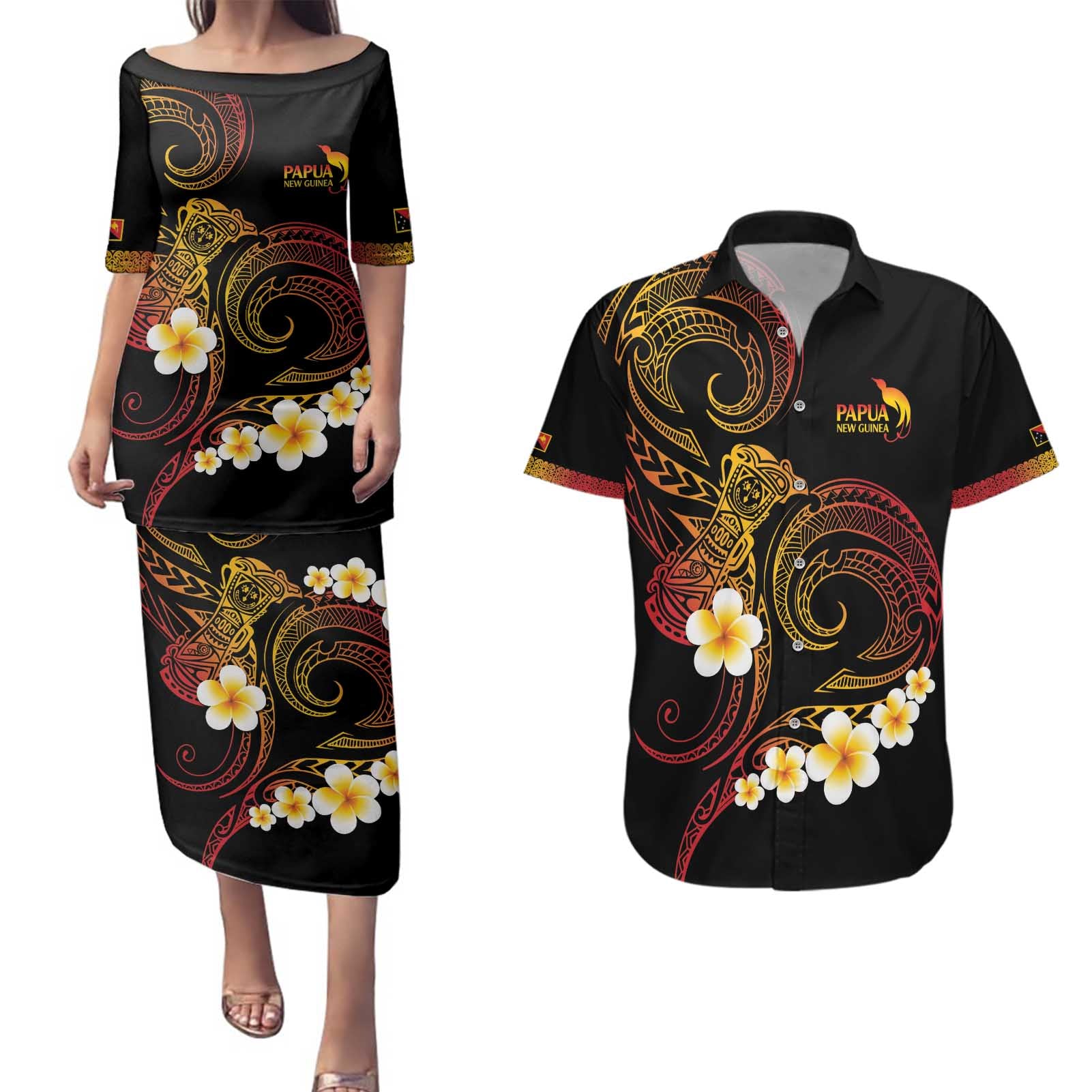 Personalised Papua New Guinea Sepik Couples Matching Puletasi and Hawaiian Shirt Plumeria Floral Tribal Pattern - Polynesian Pride