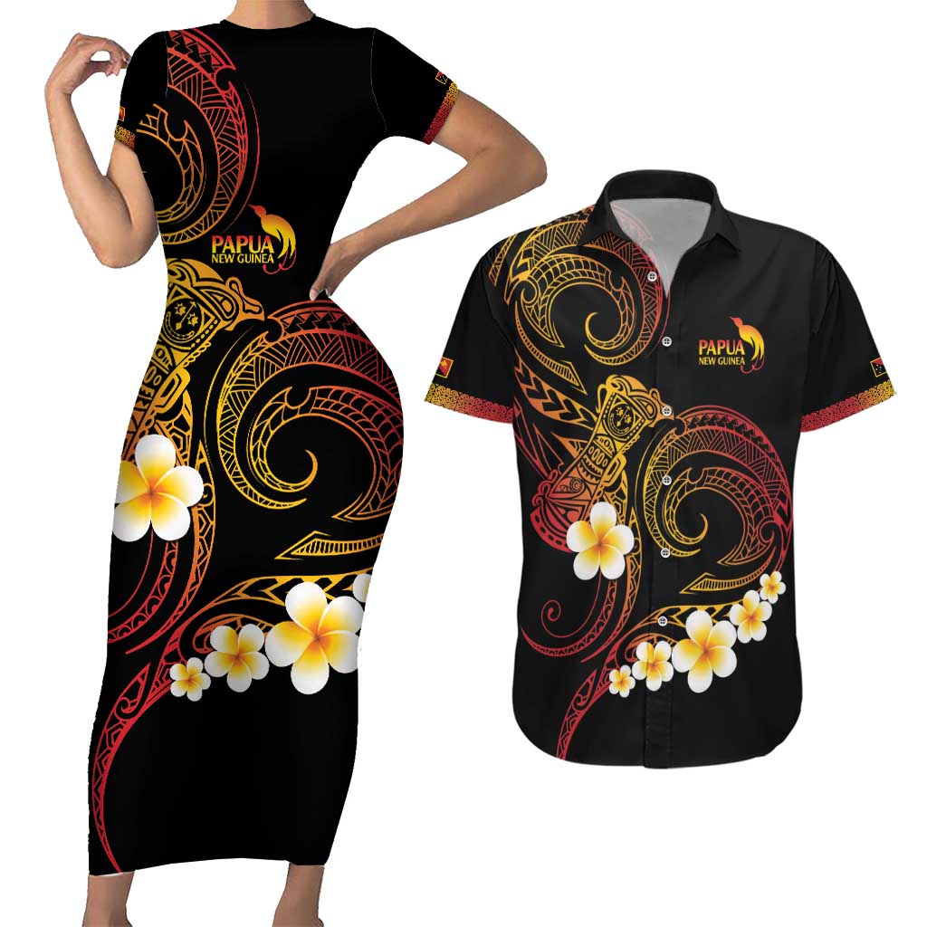 Personalised Papua New Guinea Sepik Couples Matching Short Sleeve Bodycon Dress and Hawaiian Shirt Plumeria Floral Tribal Pattern LT9 Black - Polynesian Pride