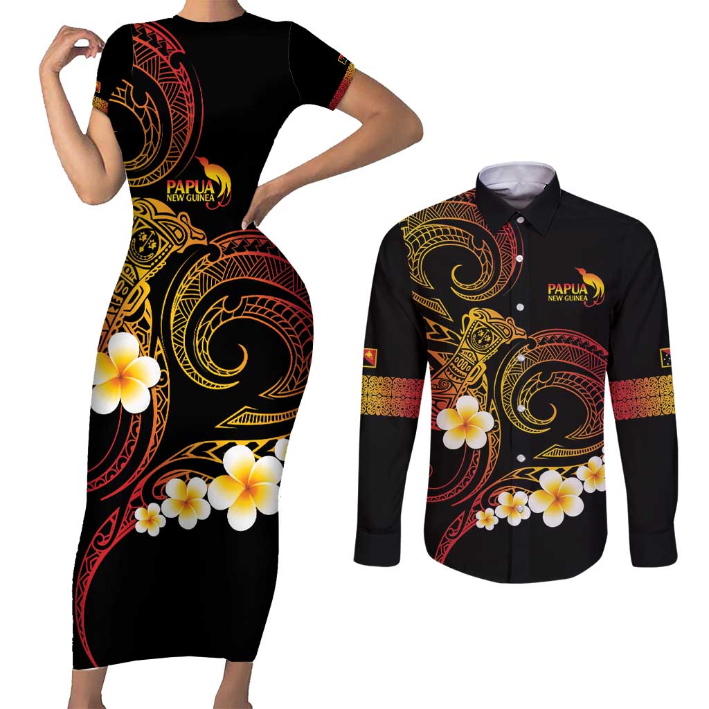 Personalised Papua New Guinea Sepik Couples Matching Short Sleeve Bodycon Dress and Long Sleeve Button Shirt Plumeria Floral Tribal Pattern LT9 Black - Polynesian Pride