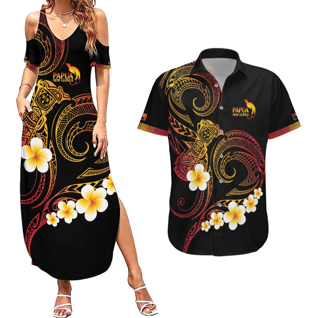 Personalised Papua New Guinea Sepik Couples Matching Summer Maxi Dress and Hawaiian Shirt Plumeria Floral Tribal Pattern LT9 Black - Polynesian Pride