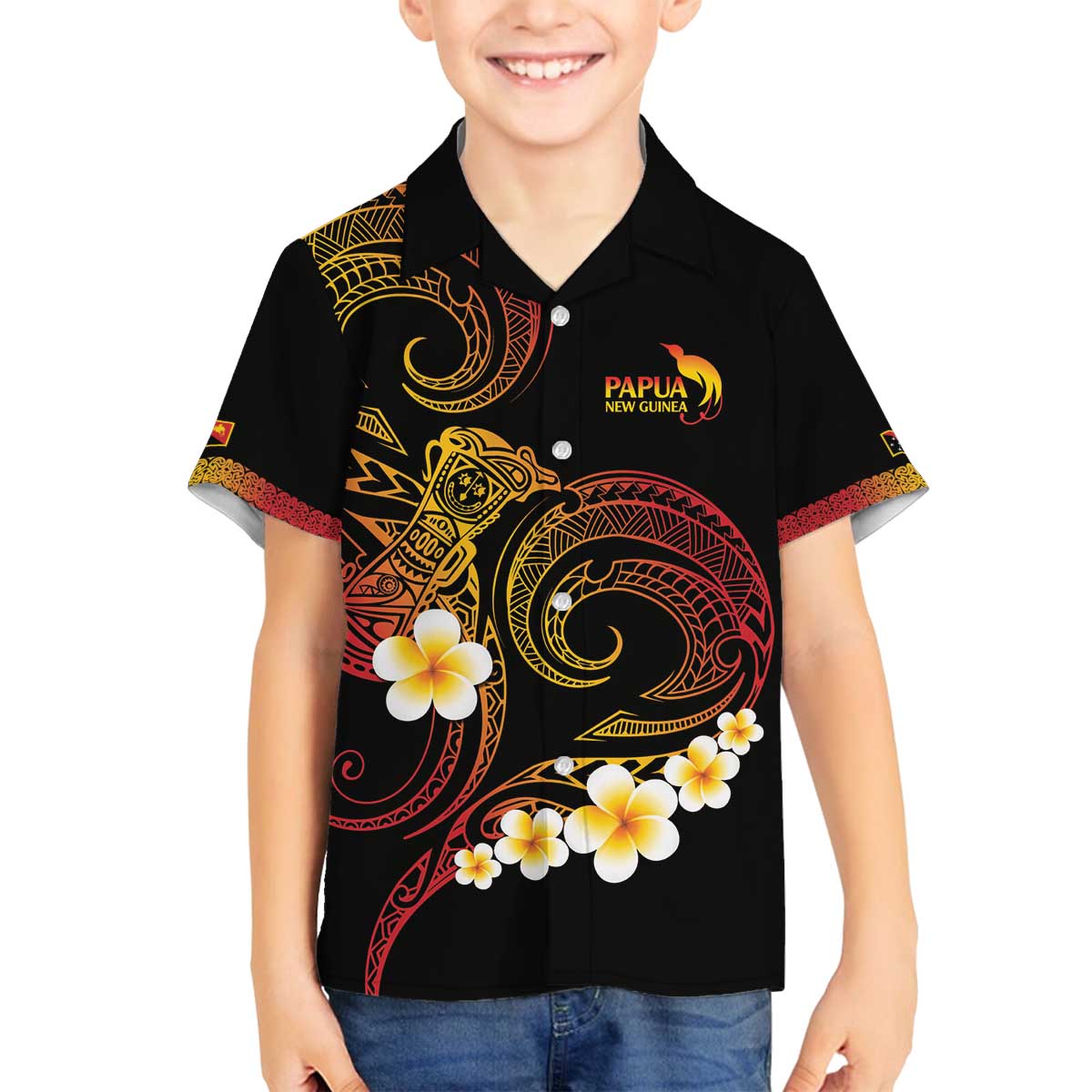 Personalised Papua New Guinea Sepik Family Matching Off The Shoulder Long Sleeve Dress and Hawaiian Shirt Plumeria Floral Tribal Pattern - Polynesian Pride