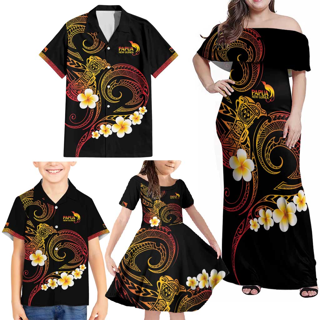 Personalised Papua New Guinea Sepik Family Matching Off Shoulder Maxi Dress and Hawaiian Shirt Plumeria Floral Tribal Pattern - Polynesian Pride