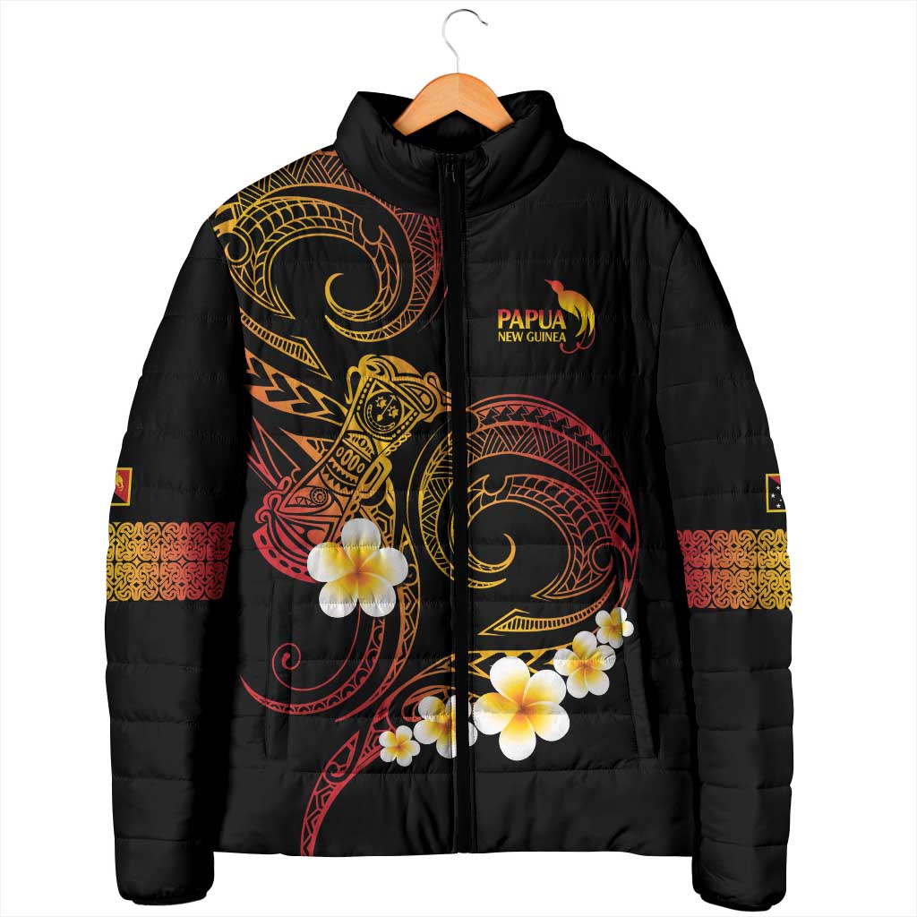 Personalised Papua New Guinea Sepik Padded Jacket Plumeria Floral Tribal Pattern - Polynesian Pride