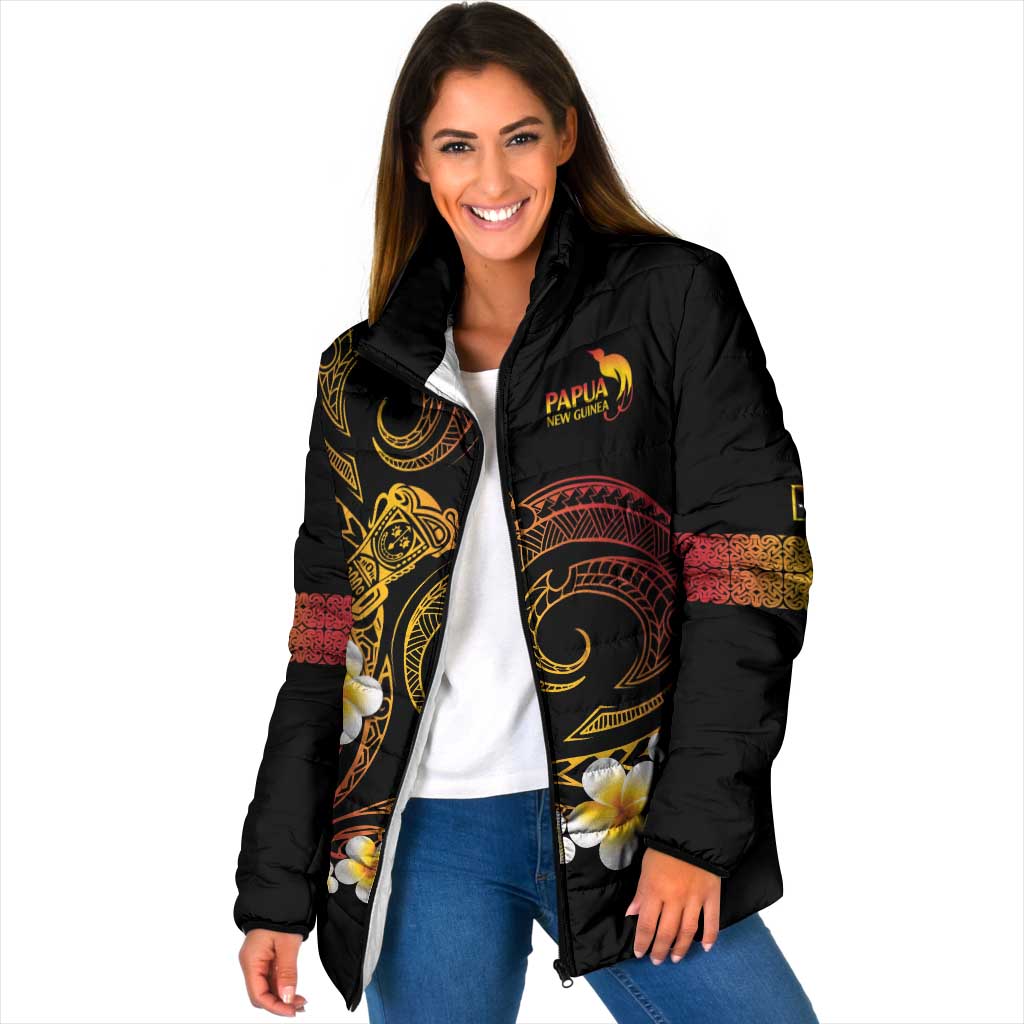 Personalised Papua New Guinea Sepik Padded Jacket Plumeria Floral Tribal Pattern - Polynesian Pride