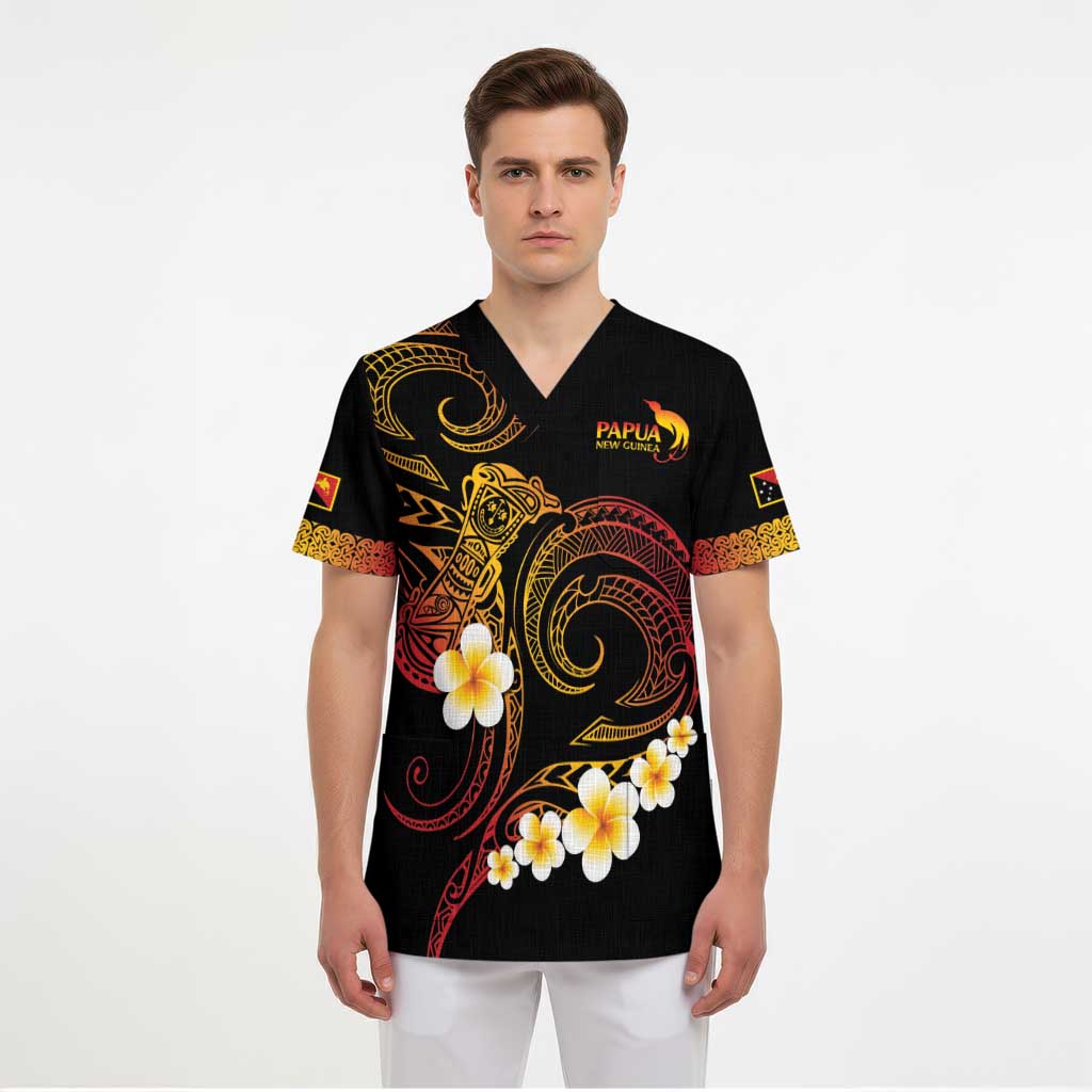 Personalised Papua New Guinea Sepik Scrub Top Plumeria Floral Tribal Pattern - Polynesian Pride