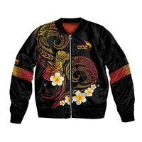 Personalised Papua New Guinea Sepik Sleeve Zip Bomber Jacket Plumeria Floral Tribal Pattern LT9 Unisex Black - Polynesian Pride