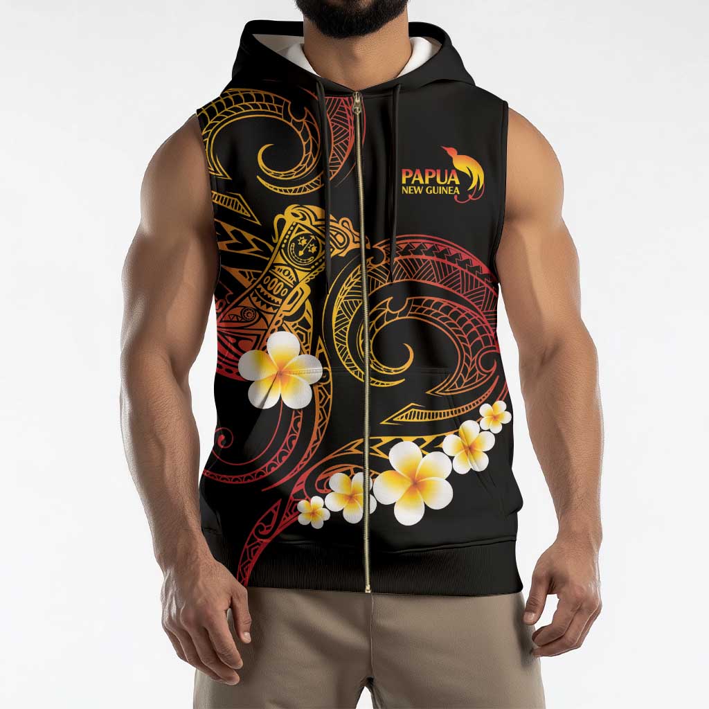 Personalised Papua New Guinea Sepik Sleeveless Zip Hoodie Plumeria Floral Tribal Pattern - Polynesian Pride