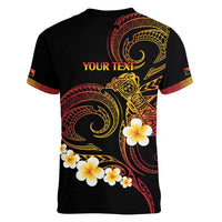 Personalised Papua New Guinea Sepik Women V-Neck T-Shirt Plumeria Floral Tribal Pattern - Polynesian Pride