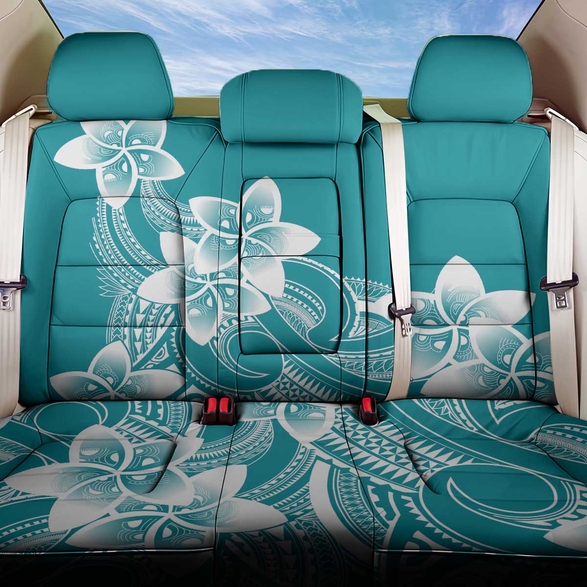 Polynesian Plumeria Flowers Tribal Back Car Seat Cover Pacific Tattoo Teal Style - Polynesian Pride