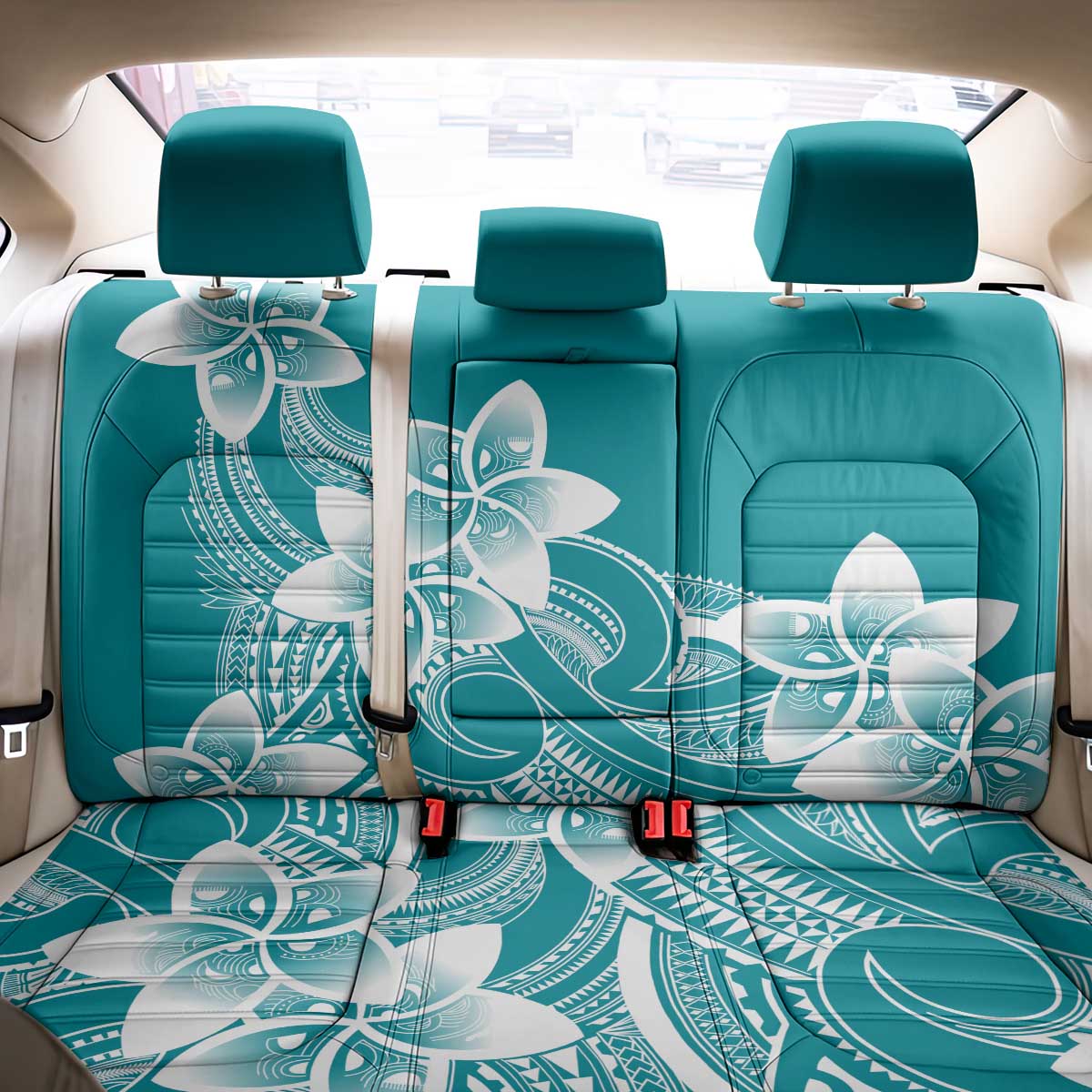 Polynesian Plumeria Flowers Tribal Back Car Seat Cover Pacific Tattoo Teal Style - Polynesian Pride