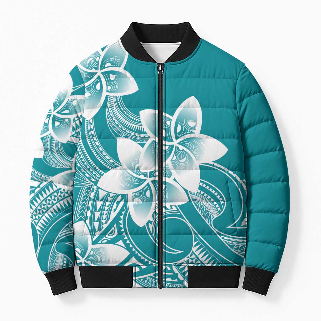 Polynesian Plumeria Flowers Tribal Bomber Puffer Jacket Pacific Tattoo Teal Style - Polynesian Pride