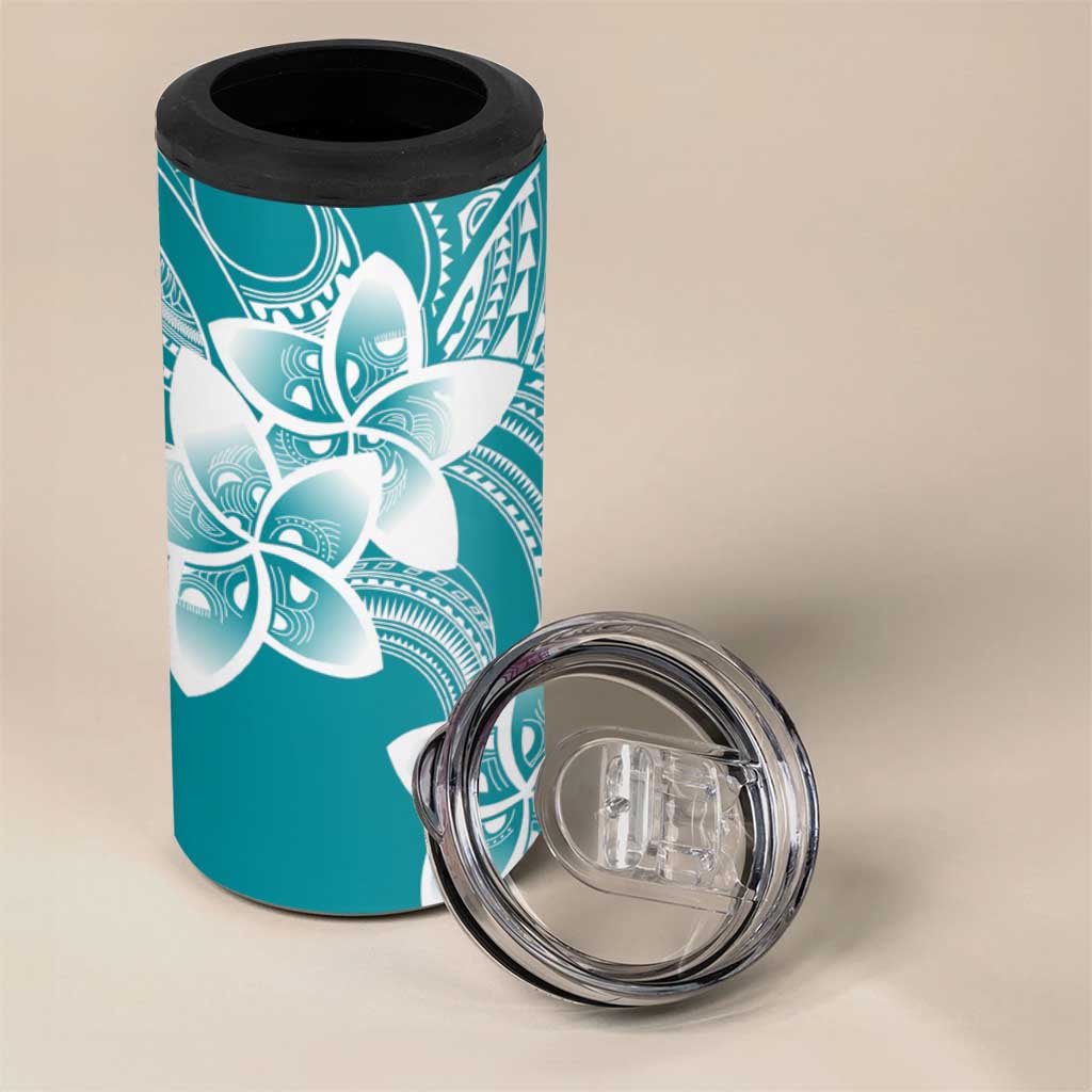 Polynesian Plumeria Flowers Tribal 4 in 1 Can Cooler Tumbler Pacific Tattoo Teal Style - Polynesian Pride