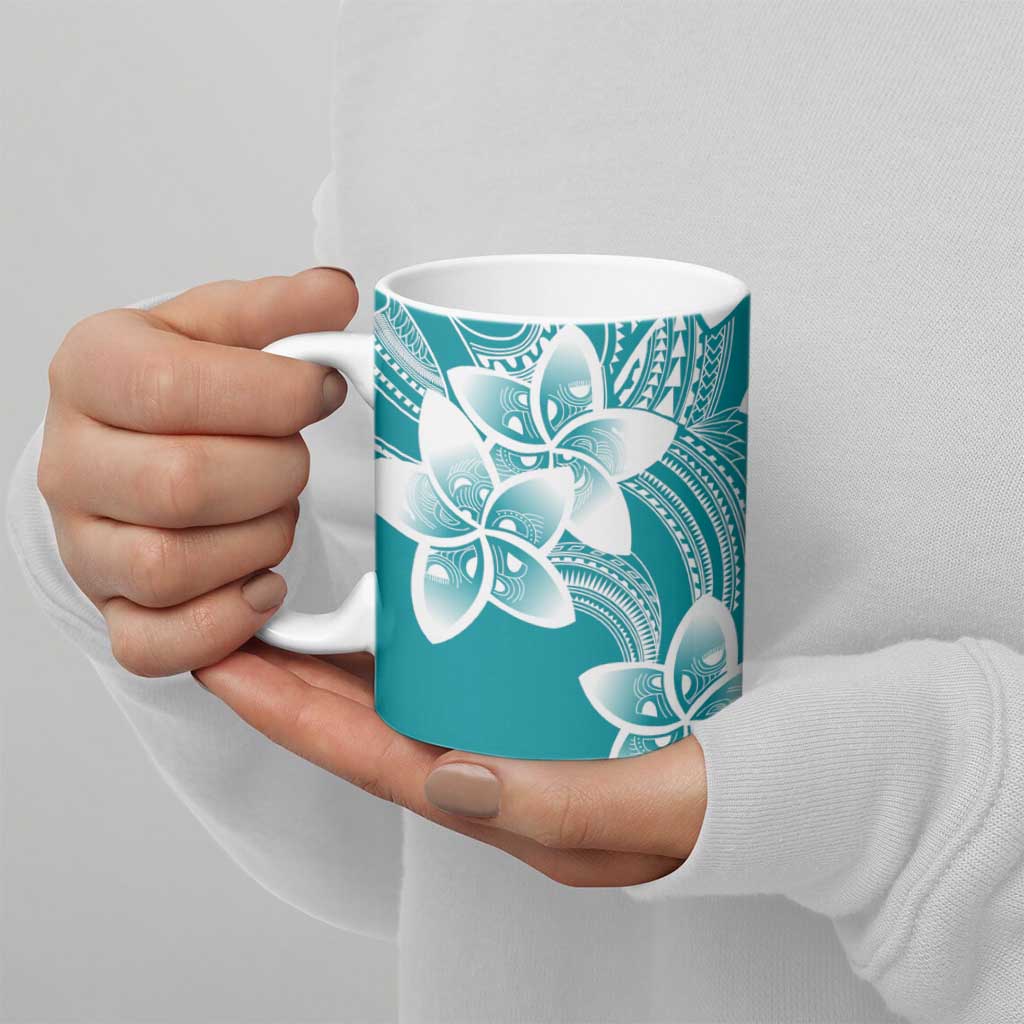 Polynesian Plumeria Flowers Tribal Ceramic Mug Pacific Tattoo Teal Style - Polynesian Pride