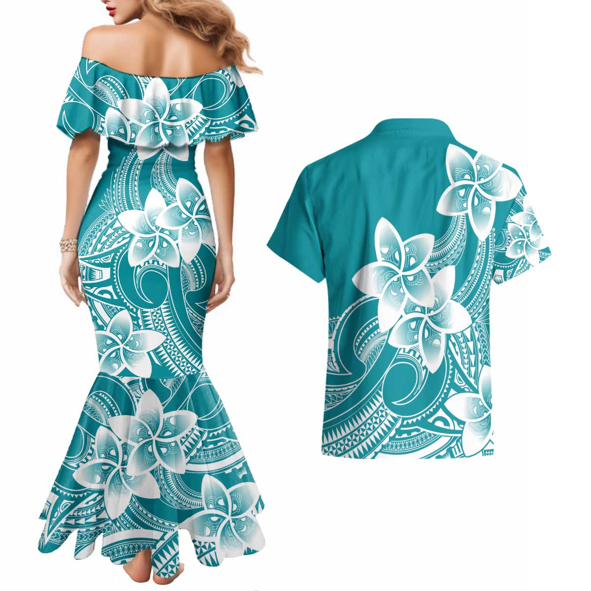 Polynesian Plumeria Flowers Tribal Couples Matching Mermaid Dress and Hawaiian Shirt Pacific Tattoo Teal Style LT9 - Polynesian Pride