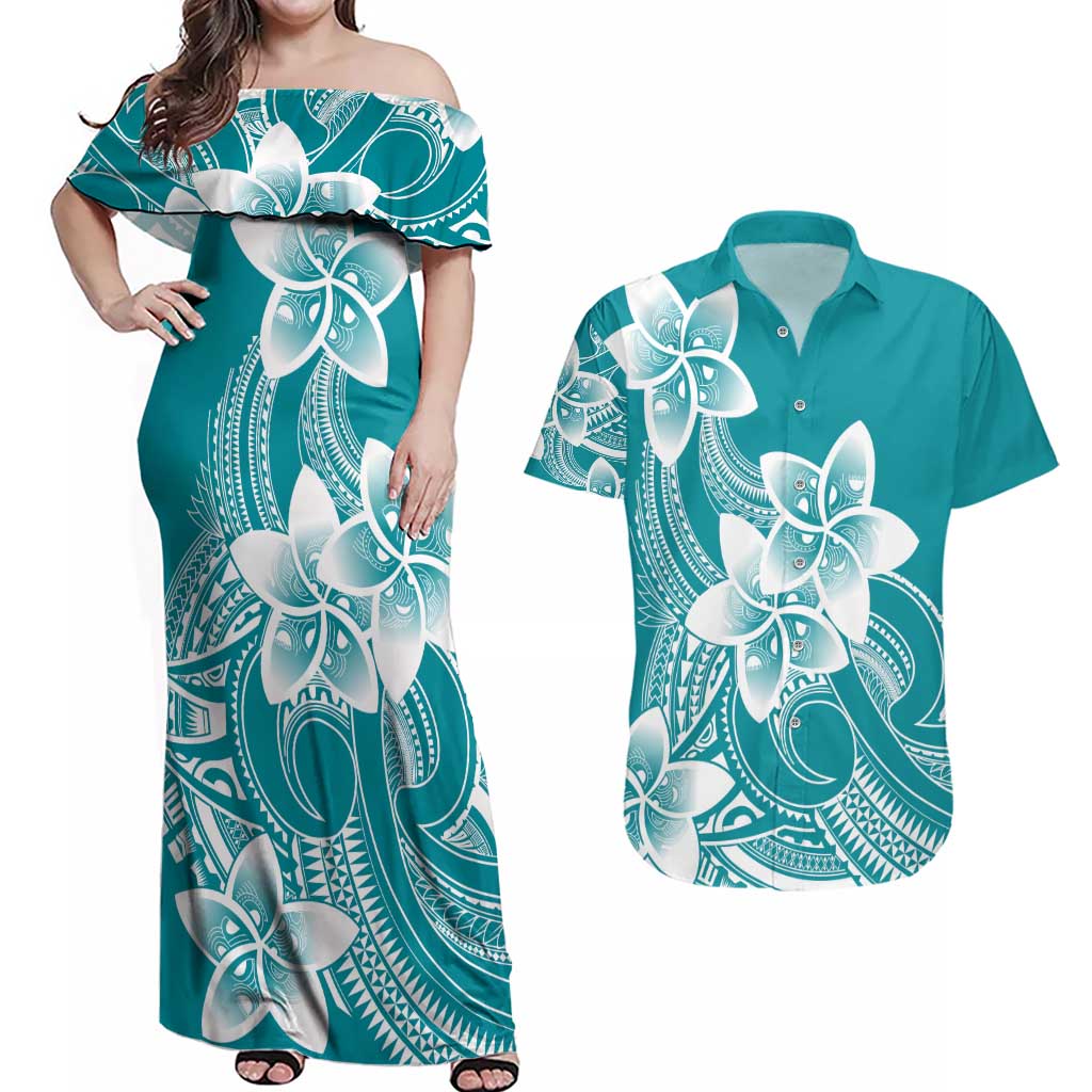 Polynesian Plumeria Flowers Tribal Couples Matching Off Shoulder Maxi Dress and Hawaiian Shirt Pacific Tattoo Teal Style LT9 Teal - Polynesian Pride