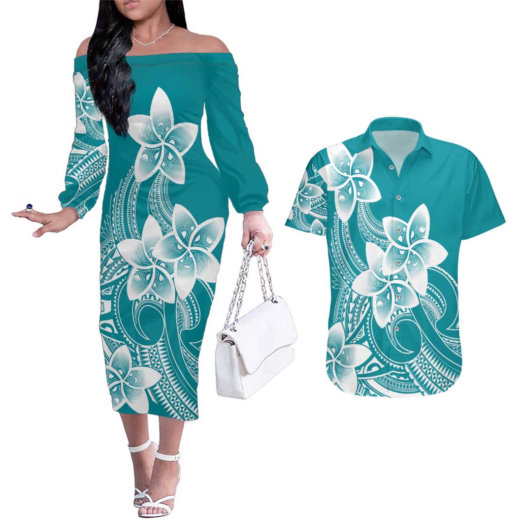 Polynesian Plumeria Flowers Tribal Couples Matching Off The Shoulder Long Sleeve Dress and Hawaiian Shirt Pacific Tattoo Teal Style - Polynesian Pride