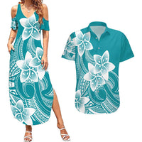 Polynesian Plumeria Flowers Tribal Couples Matching Summer Maxi Dress and Hawaiian Shirt Pacific Tattoo Teal Style LT9 Teal - Polynesian Pride